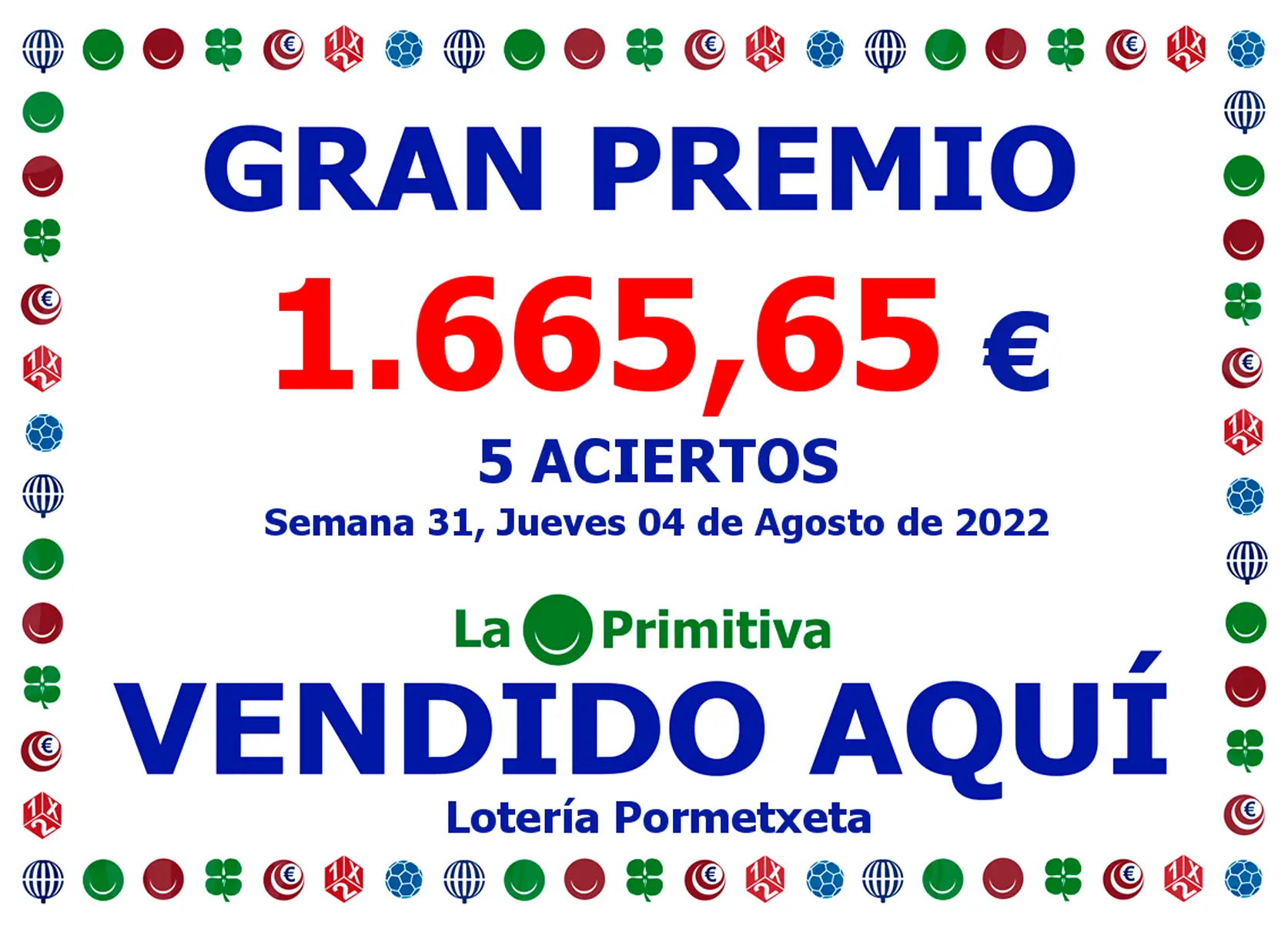 5 aciertos en la Primitiva del 4 de Agosto de 2022