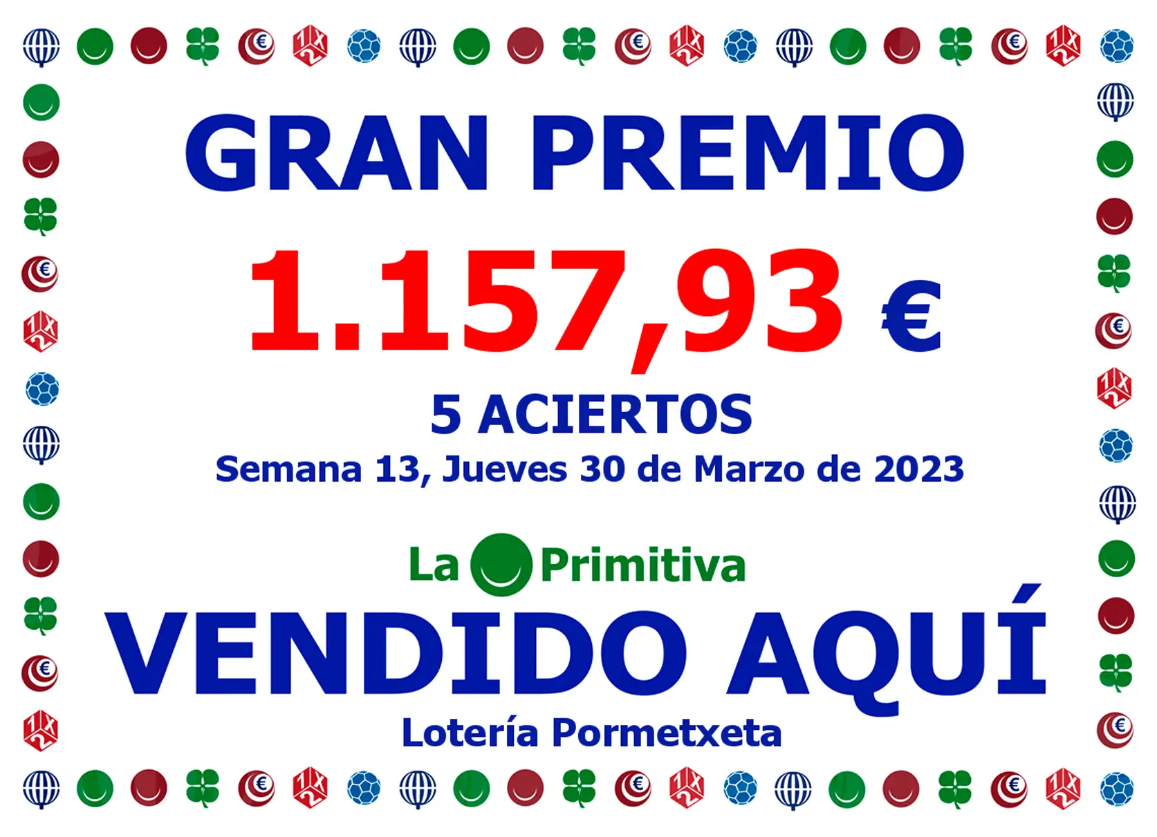 5 aciertos en la Primitiva del 30 de Marzo de 2023