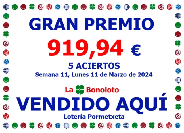 5 aciertos en la Bonoloto del 11 de Marzo de 2024