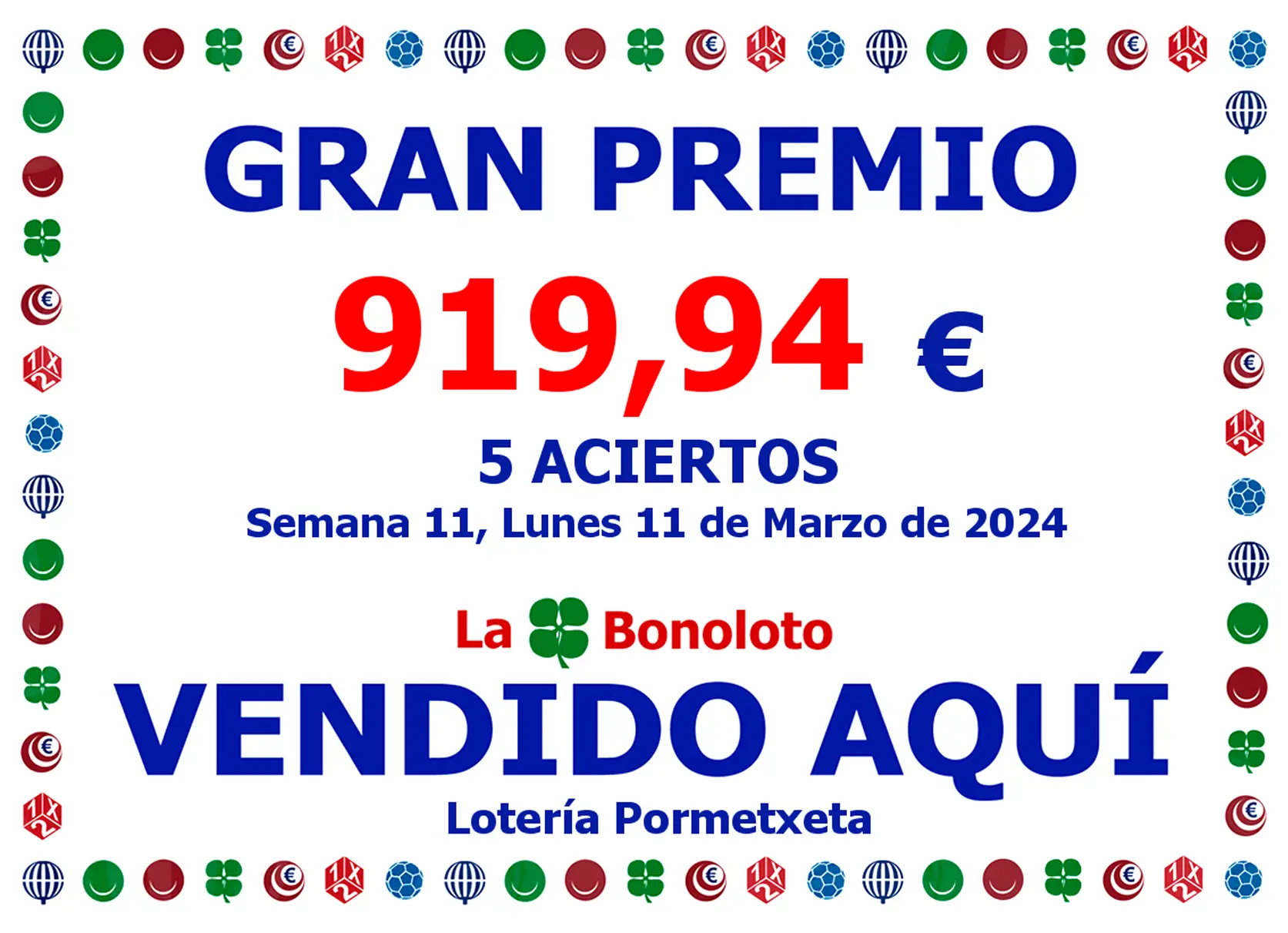 5 aciertos en la Bonoloto del 11 de Marzo de 2024