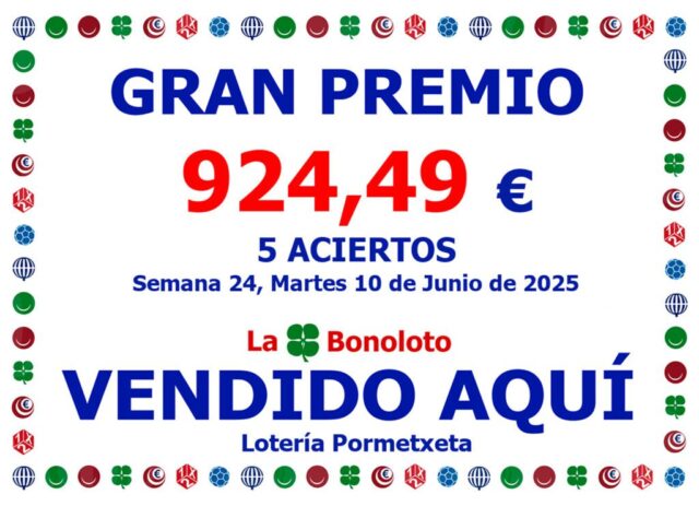 5 aciertos en la Bonoloto del Domingo 10 de Junio de 2025