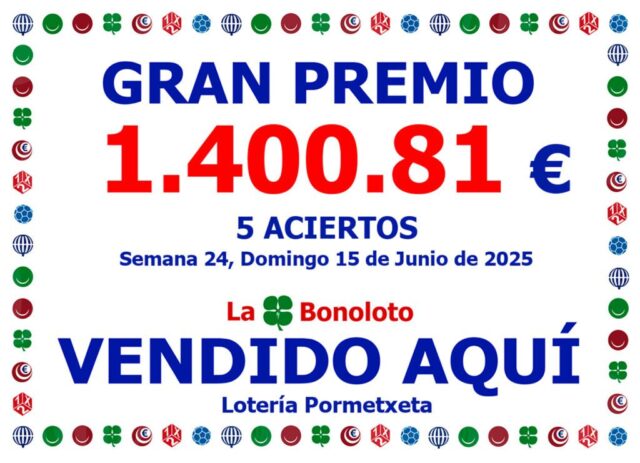 5 aciertos en la Bonoloto del Domingo 15 de Junio de 2025