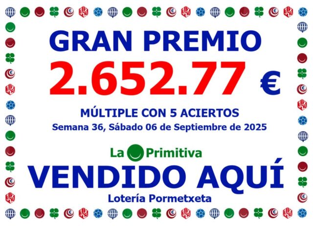 Múltiple con 5 aciertos en la Primitiva del Sábado 6 de Septiembre de 2025